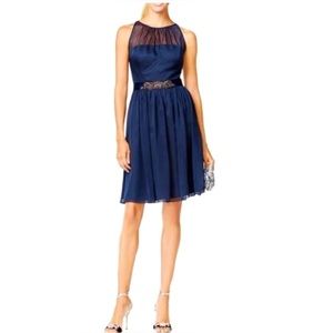 Adrianna Papell chiffon halter dress sheer illusion navy blue beaded belt mini 8